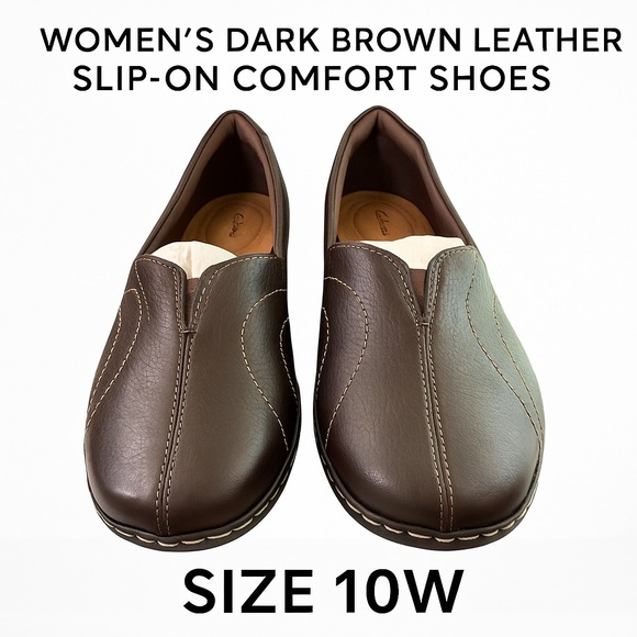 Clarks Women’s Dark Brown Leather Slip-On Comfort Shoes | Size 10W - Picture 1 of 7